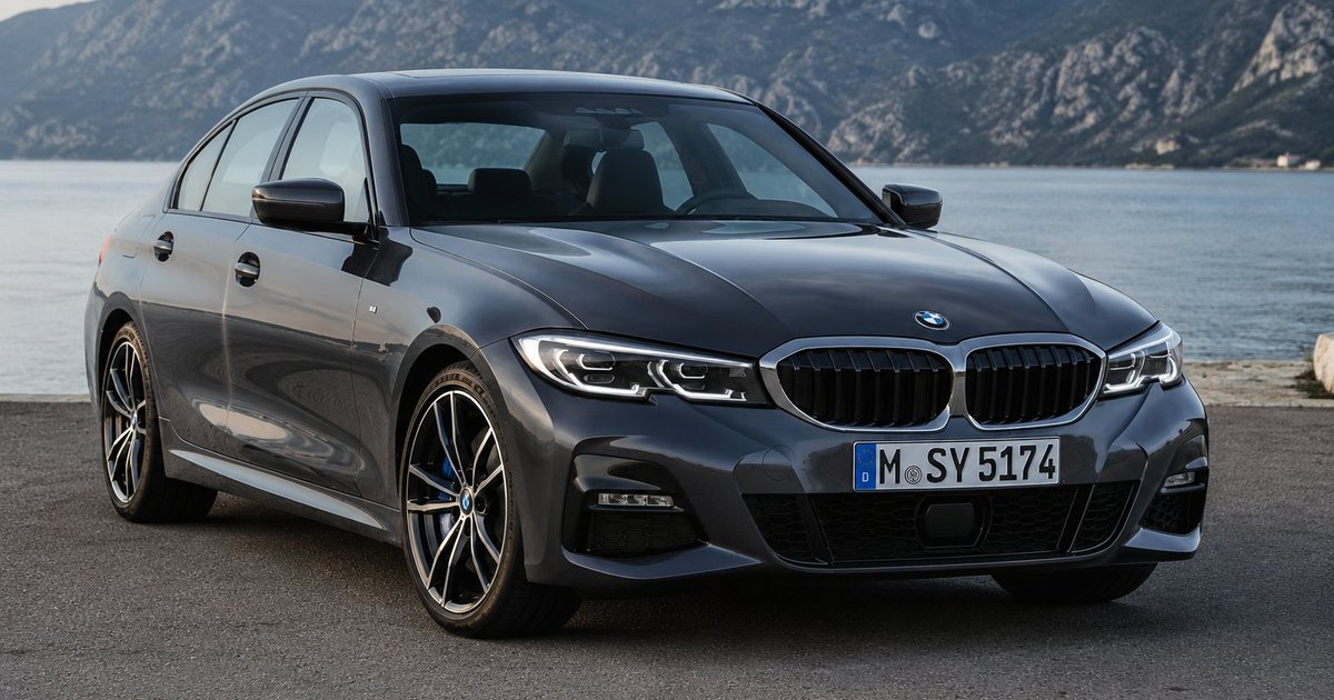 BMW 330i G20 front three-quarter view parked by a bay with mountains behind it